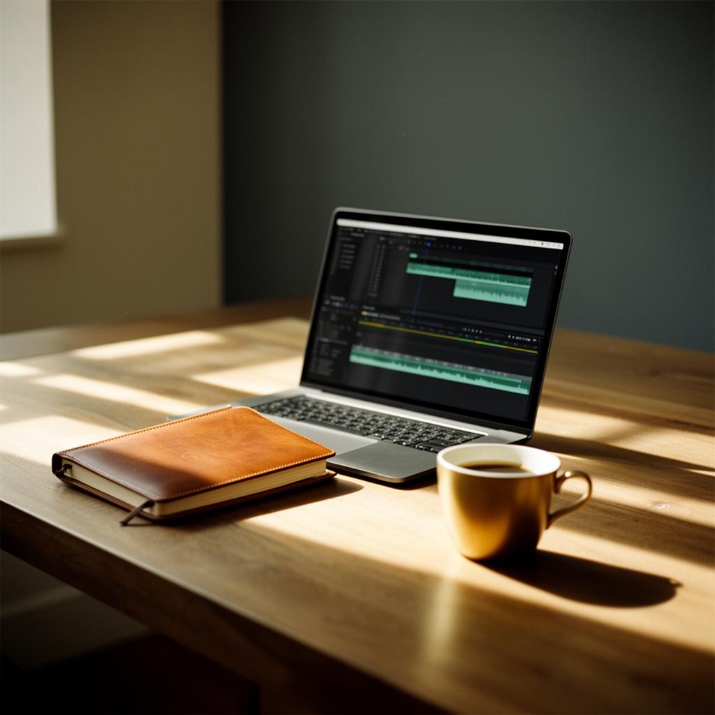 Calm creative workspace with laptop, leather notebook, and coffee in warm natural light